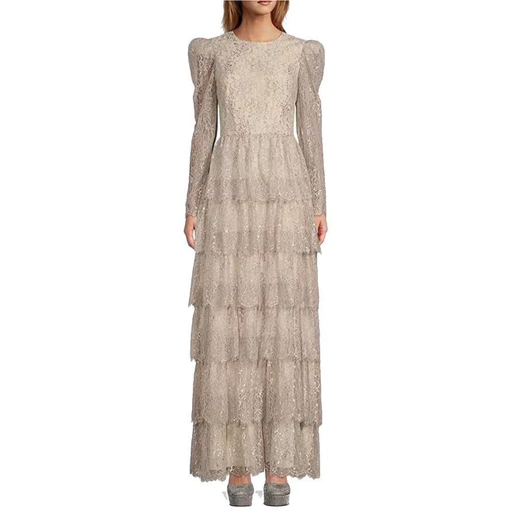 Antonio Melanix Born on Fifth Metallic Lace Long Sleeve Tiered Ruffle Maxi Dress